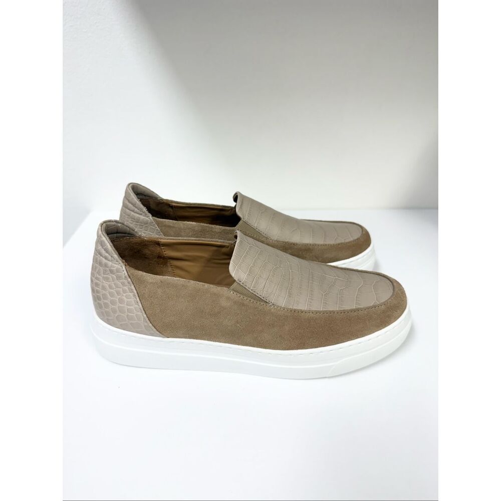 M.Gemi Zeta Platform Sneakers Leather Suede Croc Embossed Slip On 38.5 8 Beige‎